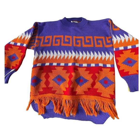 Rags Womens Sweater Vintage New 80s Knitwear Purple Orange Aztec Fringe Medium - Picture 4 of 10